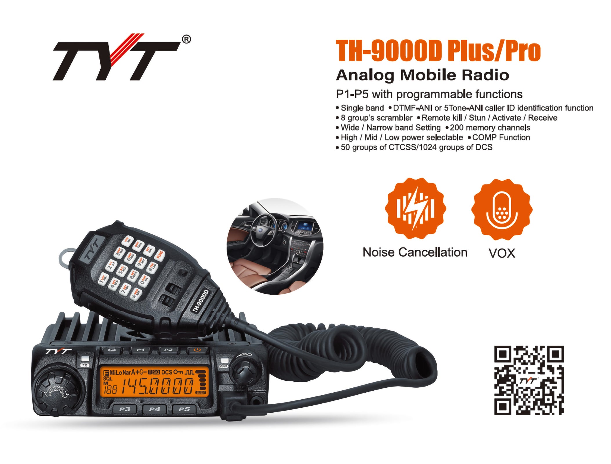 TYT TH-9000D Plus  Mobile car radio vhf 144-148mh 65w 200 channels vehicle transceiver(ic certification id: 10337a-th-9000dv)