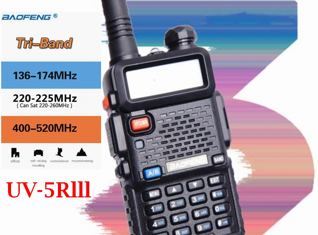 Baofeng UV-5R III Tri-Band (vhf136-174mhz/220-260/uhf400-480mhz) analog portable two-way radio