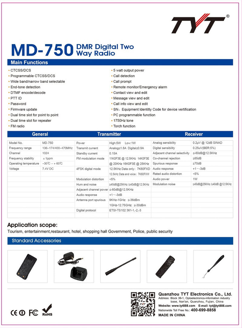 TYT MD-750 DMR two way radio 5W dual time slot dual band UHF/VHF IC Certified:10337A-MD750 - BAOFENGBFTECH